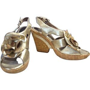 Sofft Gold Metallic Rose Leather Wedge Platform Sandals Shoes 9.5M